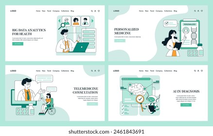 Healthcare Innovation set highlighting telemedicine, personalized treatment, and AI diagnosis. Modern solutions for efficient healthcare delivery. Vector illustration.