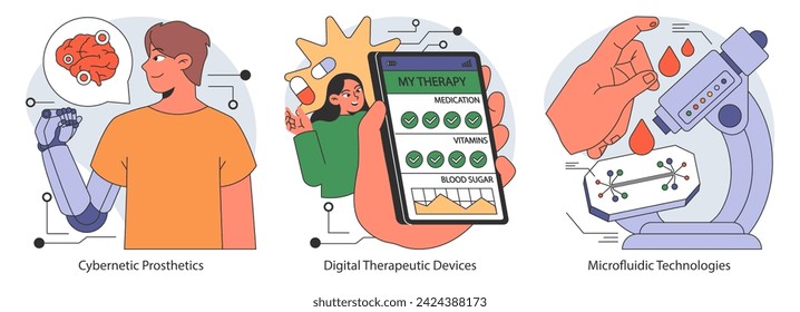 Healthcare innovation trio. Showcasing cybernetic prosthetics, digital therapy apps, and microfluidic tech. Bridging technology with medicine. Flat vector illustration.