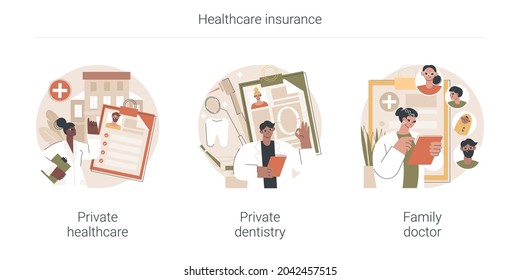 Healthcare insurance abstract concept vector illustration set. Private healthcare and dentistry, family doctor, emergency medical services, clinic facility, physician appointment abstract metaphor.