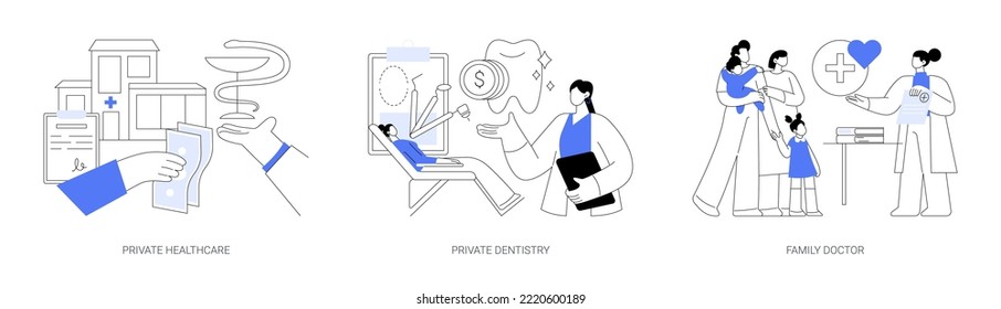 Healthcare insurance abstract concept vector illustration set. Private healthcare and dentistry, family doctor, emergency medical services, clinic facility, physician appointment abstract metaphor.