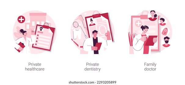 Healthcare insurance abstract concept vector illustration set. Private healthcare and dentistry, family doctor, emergency medical services, clinic facility, physician appointment abstract metaphor.