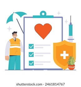 Healthcare Insurance Concept. A man with a checklist signifies the assurance and details of medical insurance plans, embodying protection and healthcare access. Flat vector illustration