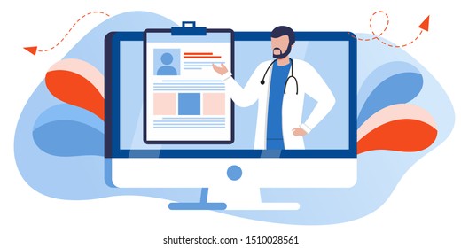 Healthcare insurance service vector concept, doctor on computer screen fills health form on clipboard. 