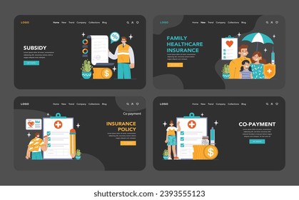 Healthcare Insurance set. A comprehensive guide to family healthcare coverage, with elements including policies, premiums and claims. Insight into the roles of insurance agents and policyholders.