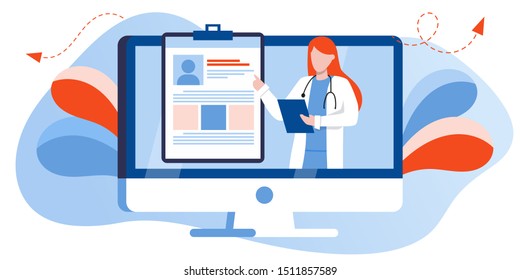 Healthcare insurance vector concept, doctor on computer screen fill health form insurance. human life insurance.  protection of people from accidents. Healthcare services, Ask a doctor tele medicine