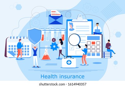 Healthcare insurance vector concept, people with doctor filling health online assurance policy. Shield, calendar, patient card are shown. Insurance broker offer  coverage of life.