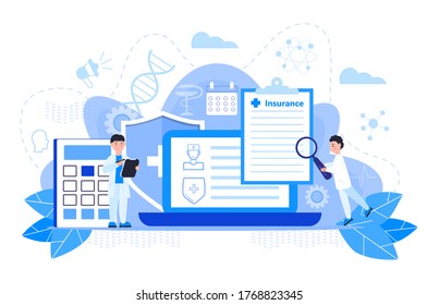 Healthcare Insurance Vector Concept, People With Doctor Fill Health Online Form Insurance. Help Agent Service For Calculate Insurance Bill. It Can Used For Landing Page, Ui, Web, Mobile App.