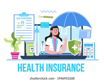 Healthcare Insurance Vector Concept, People With Doctor Fill Health Online Form. Healthcare Protection, Free Medicine Coverage. Insurance Broker, Social Paid Benefit, Emergency Risk.