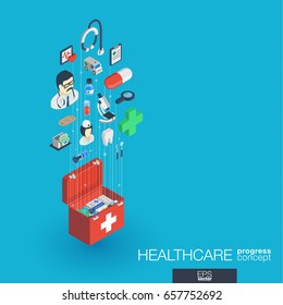 Healthcare, integrated 3d web icons. Digital network isometric progress concept. Connected graphic design line growth system. Abstract background for medicine and medical service. Vector Infograph
