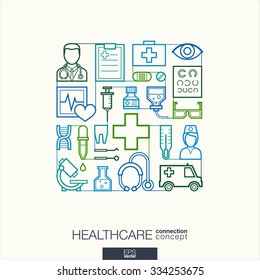 Healthcare integrated thin line symbols. Modern linear style vector concept, with connected flat design icons. Abstract illustration for medical, health, care, medicine, network and global concepts.