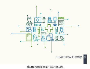 Healthcare integrated thin line symbols. Modern linear style vector concept, with connected flat design icons. Abstract illustration for medical, health, care, medicine, network and global concepts.
