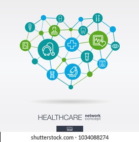 Healthcare, Integrated Thin Line Web Icons In Heart Shape. Digital Neural Network Interact Concept. Connected Polygons System. Abstract Background For Medicine And Medical Service. Vector Infograph