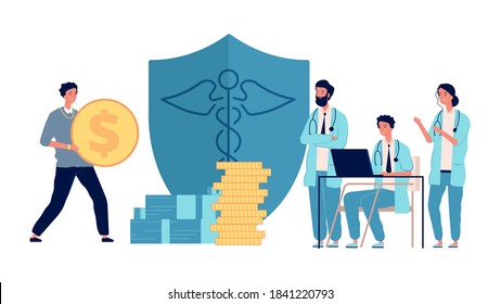 Healthcare investment. Man holding money, doctors get grants. Medicine profit, volunteer donation to hospital vector concept