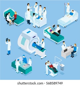 Healthcare isometric set with pediatrician dentist nurses surgery medical meeting and diagnostic procedures isolated vector illustration
