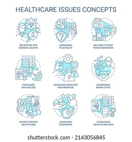 Healthcare issues turquoise concept icons set. Expanding telehealth idea thin line color illustrations. Managing medicaid. Isolated symbols. Editable stroke. Roboto-Medium, Myriad Pro-Bold fonts used