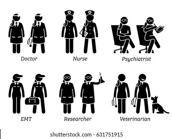 Healthcare Jobs, Works, and Occupations for Women. Artworks depict female doctor, nurse, woman psychiatrist, girl EMT, lady researcher, and female veterinarian.