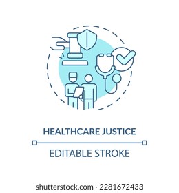 Healthcare justice blue concept icon. Medical service access. Social justice example abstract idea thin line illustration. Isolated outline drawing. Editable stroke. Arial, Myriad Pro-Bold fonts used