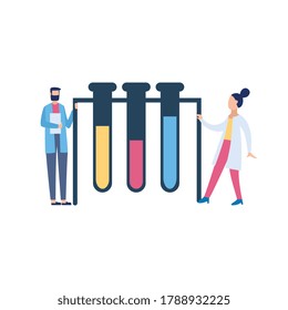 Healthcare laboratory research and observing concept with tiny doctors near test tubes, flat vector illustration isolated on white background. Health medical exam.
