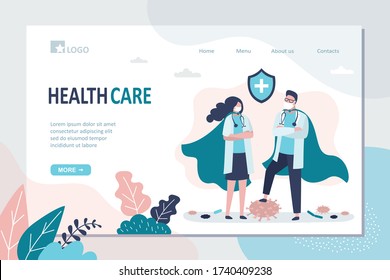 Healthcare landing page template. Happy superhero doctors defeated coronavirus, viruses and diseases. Covid-19 Pandemic stop, vaccination. Medical staff in uniform. Trendy Flat vector illustration