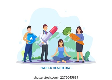 El concepto de salud y seguro de vida. Día Mundial de la Salud. Comer sano. Equilibrio de vida. Ilustración del vector