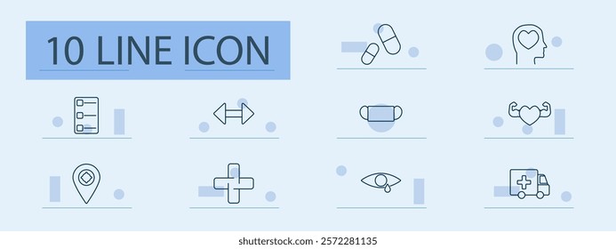 Healthcare and lifestyle set icon. Pills, mask, heart, fitness, map marker, checklist, cross, mental health, ambulance