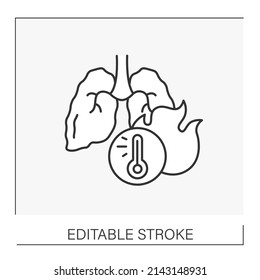  Healthcare line con. Burned lungs due to covid19 disease. Fire in internal organs. Electronic thermometer concept. Isolated vector illustration. Editable stroke