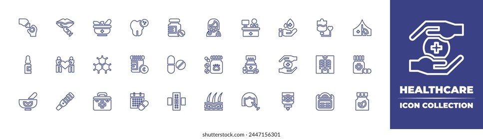 Healthcare line icon collection. Editable stroke. Vector illustration. Containing structure, solidarity, first aid kit, pregnancy test, vial, pill, homeopathy, plaster, vitamin c, medication.