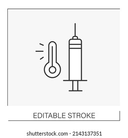  Healthcare line icon. Reducing the temperature through injection and treatment. Electronic thermometer concept. Isolated vector illustration. Editable stroke