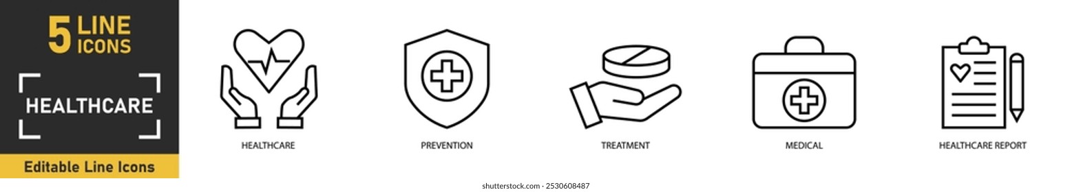 Healthcare line icon set. Set of 5 outline icons related to healthcare, prevention, treatment, medical, healthcare report and more. Vector illustration.