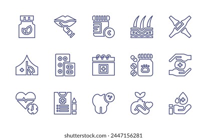 Healthcare line icon set. Editable stroke. Vector illustration. Containing self love, botox, skin, lifetime, medicine, red cross, prescription, pill, pills, calendar, bacteria, vitamin c.