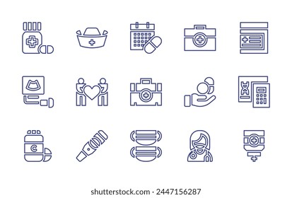 Healthcare line icon set. Editable stroke. Vector illustration. Containing solidarity, vitamins, pregnancy test, surgeon, pills, ultrasound, math, first aid kit, medical mask, chemotherapy.