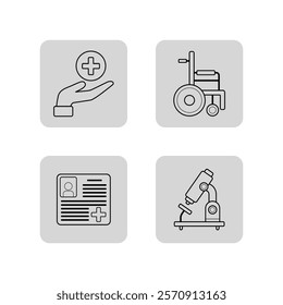 Healthcare line icon set. Hand with cross symbol, wheelchair, microscope, medical records. Medicine and hospital concept. Vector illustrations for web design and apps