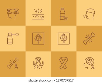 Healthcare line icon set. Set of line icons on white background. Medicine concept. Bone breaking, xray, cough. Vector illustration can be used for topics like medicine, health, treatment