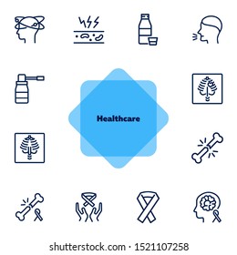 Healthcare line icon set. Set of line icons on white background. Medicine concept. Bone breaking, xray, cough. Vector illustration can be used for topics like medicine, health, treatment