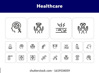 Healthcare line icon set. Set of line icons on white background. Medicine concept. Bone breaking, xray, cough. Vector illustration can be used for topics like medicine, health, treatment
