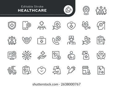 Healthcare line icon set. Medicine, medical service, health, care, doctor, hospital, patient, treatment, sick, illness and more. Outline icon in linear style. Vector collection.	
