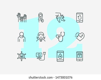 Healthcare line icon set. Pregnant woman, sore throat, test result. Medicine concept. Can be used for topics like medical consulting, examination, checking