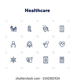 Healthcare line icon set. Pregnant woman, sore throat, test result. Medicine concept. Can be used for topics like medical consulting, examination, checking