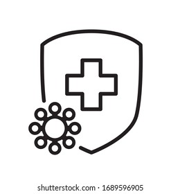 Healthcare line icon with shield and coronavirus. Virus protection medicine concept illustration. Defence from Covid-19 