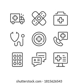 Iconos de la línea de asistencia sanitaria. Atención de salud, examen médico, medicina, conceptos de ambulancia. Símbolos simples de contorno, elementos gráficos lineales modernos. Diseño delgado de línea. Conjunto de iconos del vector