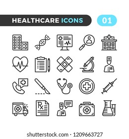 Iconos de la línea de atención médica. Colección de símbolos de esquema. Calidad superior. Pixel perfecto. Conjunto de iconos de línea delgada de vectores