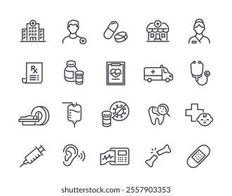 Healthcare Line Icons Set. Simple symbols related to medicine. Hospital, ambulance, patient, treatment, injury, doctor and pills. Outline vector illustration collection isolated on background