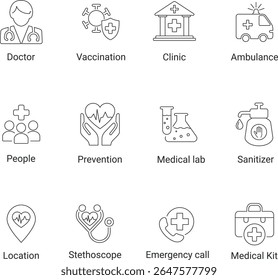 Healthcare Line Icons Set. Vector Icons of Essential Medical Services. including doctor, clinic,
ambulance, vaccination, prevention. medical services and concepts Icon