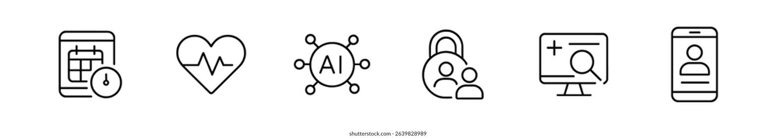 Healthcare linear icon set. medical, ai, heartbeat, people, computer in line style