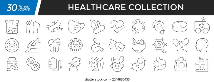 Healthcare linear icons set. Collection of 30 icons in black