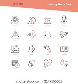 Colección de iconos de vectores lineales para el cuidado de la salud. Pictogramas aislados de línea delgada para el cuerpo y la atención médica