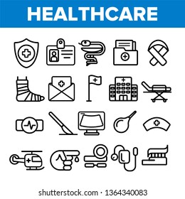 Healthcare Linear Vector Icons Set. Healthcare Thin Line Contour Symbols. Ambulance, First Aid Pictograms Collection. Medical Assistance, Health Insurance. Hospital Treatment Outline Illustrations