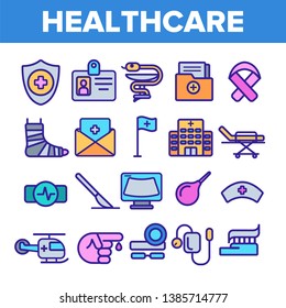 Healthcare Linear Vector Icons Set. Healthcare Thin Line Contour Symbols. Ambulance, First Aid Pictograms Collection. Medical Assistance, Health Insurance. Hospital Treatment Outline Illustrations