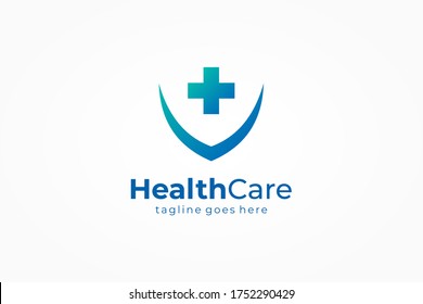 Healthcare Logo. Blue Green Cross Sign Medical Symbol With Shield Protection Icon Combination Isolated On White Background. Flat Vector Logo Design Template Element.