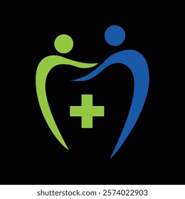 Healthcare logo design with human figures, green cross, and blue elements for wellness